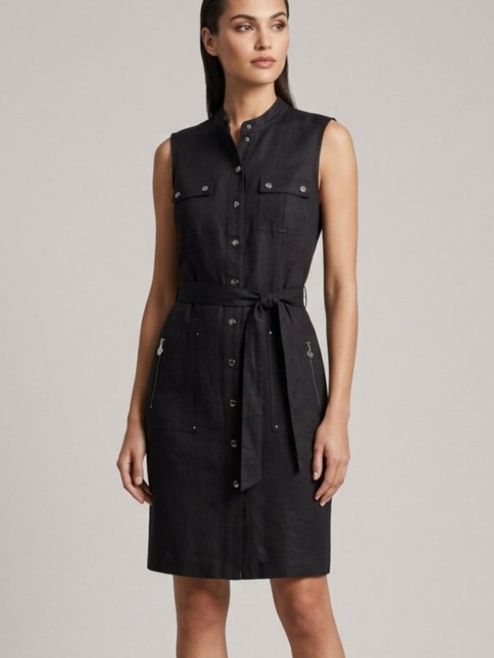 Vintage Calvin Klein Black Linen Blend Utility Shirt Dress Belted Snap Buttons